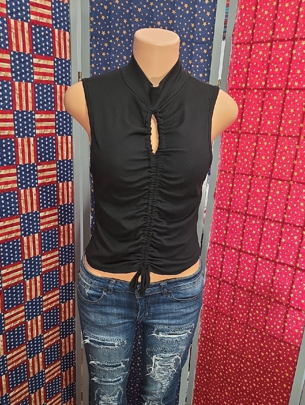 Ruched Keyhole Drawstring Tank Top - Black